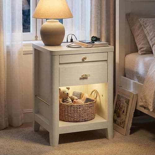 nesture. Nightstand with Charging Station and LED Light, Wood Curved Night Stand with 2 Drawer and Open Shelf,Mid Century Modern Bedside Table with Side Storage for Bedroom,End Table Living Room Wihte thumbnail 7