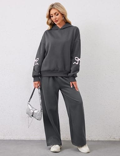 Livtany Women's 2 Piece Outfits Bow Trim Print Hoodie Sweatsuit Sets Oversized Sweatshirt Wide Leg Sweatpants With Pockets thumbnail 2