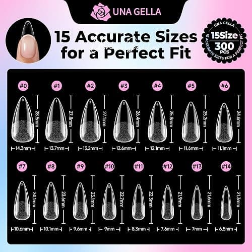 UNA GELLA Stiletto Gel Nail Tips Medium 15 Sizes 300PCS Pre-Etched Clear Acrylic Nail Tips Easy DIY Salon Stiletto Almond Press On Nails Snug Fit Full False Fake Tips Extensions Long-Lasting Hold thumbnail 9