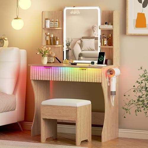 Vanity Desk with LED Lights Mirror & Power Outlet, Small Makeup Vanity Table Set with Storage Drawers & Chair, 3 Lighting Modes & Adjustable Brightness, Dressing Table for Women Girls Bedroom, Oak - Image 1