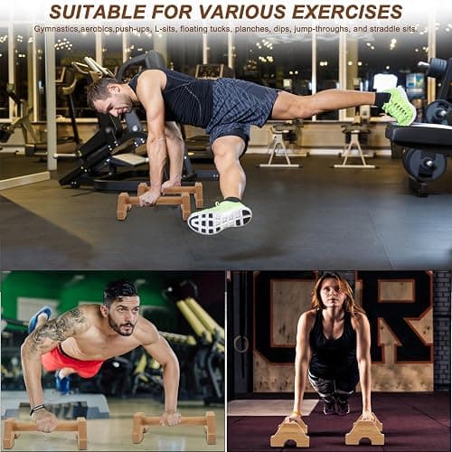 EVERYMATE Calisthenics Wood Parallettes Bars, Wood Push Up Bars Calisthenics Equipment for Home, Push Up Handles for Floor, Handstand Push Up Handles, Wrist Wraps Included thumbnail 2