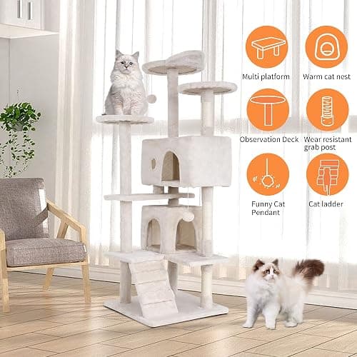 BestPet | 54" Cat Tree Tower | Beige | Sturdy, Easy to Assemble, Multi-Level Activity Center with Sisal Scratching Posts, Condos, Perches, Hanging Cat Toys, Observation Decks & Ladder thumbnail 5