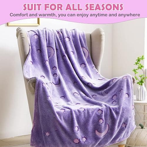 AUIVTY Glow in The Dark Blanket for Girls Birthday Purple Pink Moon Star Soft Throw Blanket for Kids Toddler Teen Girls Women (Purple, 40x60 inch, Moon Star) thumbnail 8