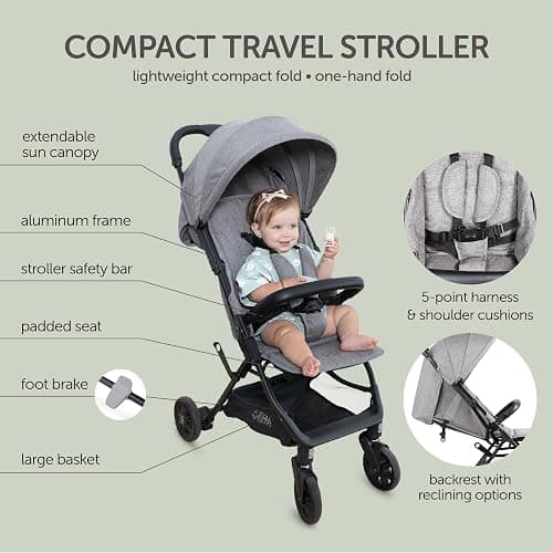 Lightweight Travel Stroller for Baby & Toddlers - Easy Fold & Compact Stroller with Canopy, Storage Basket, Multi-Position Recline & Convenient One-Hand Fold (Grey) thumbnail 3