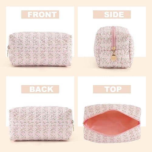 UUYUUY Makeup Bag Travel Toiletry Bag for Women, Small Cosmetic Bags Cute Quilted Cotton Makeup Pouch for Purse Emergency Bag Pencil Case Accessory Bag, Pastel Pink thumbnail 3