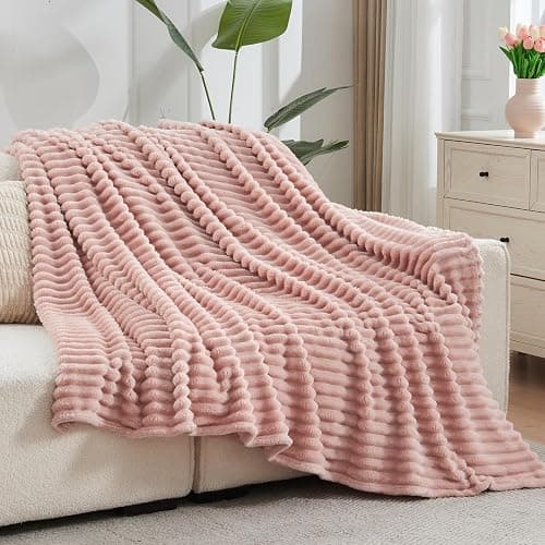 NEWCOSPLAY Super Soft Throw Blanket Pink Premium Silky Flannel Fleece 3D Ribbed Jacquard Lightweight Bed Blanket All Season Use (Pink Ribbed, Throw(50"x60")) thumbnail 9