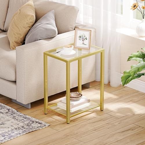 HOOBRO Side Table, 2-Tier End Table, Nightstand for Tight Spaces, Tempered Glass Bedside Table, Modern Metal Frame, for Office, Bedroom, Living Room, Study, Gold GD76BZ01 thumbnail 2