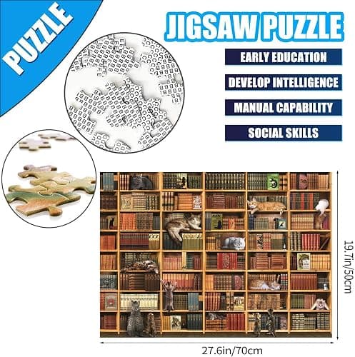 Cats Library Jigsaw Puzzle, 1000+ Piece Funny Kitten Bookshelf Puzzles, Challenging Animal Pet Lover Gifts for Friends & Family Activity Game Nights thumbnail 7