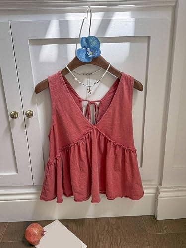 XZfushi Womens Spring Summer Short Sleeve Summer Clothes Spliced A-Line Washing Retro Casual Washed Tank Top Clothing thumbnail 6