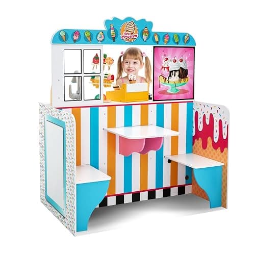 Lil' Jumbl Wooden Ice Cream Parlor Playset, Interactive Diner Set, Ages 3+ | Lets kids run a pretend dessert shop with cash register, freezer, sink, and menu boards for imaginative fun. - Image 1