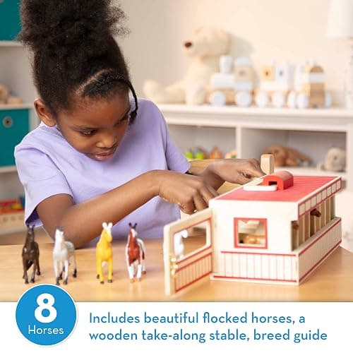 Melissa & Doug Take-Along Show-Horse Stable Play Set– Pretend Play Wooden Barn Toy with 8 Horse Toys & Carrying Case, Portable Preschool Travel Toys for Kids Ages 3+ thumbnail 3