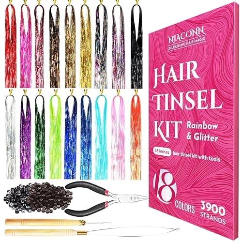 NIACONN Glitter Hair Tinsel Extensions Kit 18 Colors with Tools and Beads, 48 Inch Sparkly Fairy Colorful Tensile Strands Shiny Hair Accessories for Women Girls Kids - Image 1