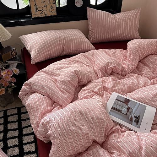 Sedefen Bettwäsche 135x200cm Rosa Weiß Gestreift Muster Mädchen 2teilig Wendebettwäsche Set Streifen Geometrisch Modern Bettbezug Weich Mikrofaser mit Kissenbezug 80x80cm - Image 1