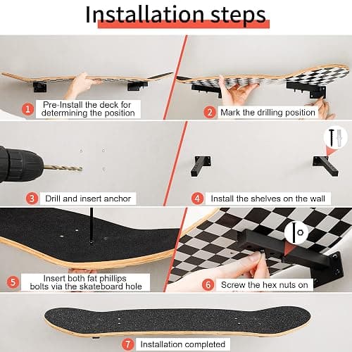 MIUONO Skateboard Wall Mount, Longboard Skateboard Deck Rack Mount on Wall, Skateboards Floating Shelves Brackets, 4 Pack thumbnail 5