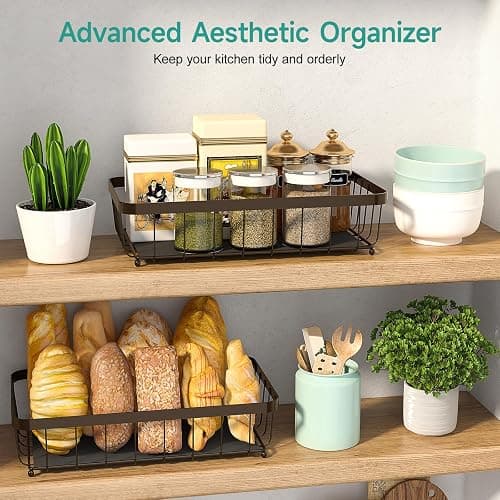 Sevenblue 2 Tier Fruit Basket for Kitchen Counter with 2 Banana Hangers, 2025 Pro Detachable Metal Fruit Bowl with Wooden Handle,Fruit Holder for Bread Snack Veggies, Brown thumbnail 5