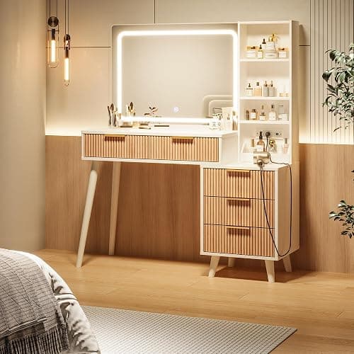 Makeup Vanity Desk with Mirror and Lights, Makeup Vanity with 5 Drawers&Storage Shelves, Vanity Table with Power Outlet, 3 Color Adjustable Lighting Dressing Table Set for Bedroom Oak thumbnail 3