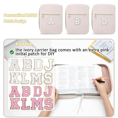 Bible Cover for Women, Initial Personalized Bible Gift - Bible Case for Men - Bible Holder - Bible Bag - Bible Carrier - Bible Carrying Case with Pockets for Bible Study Suppliers, Bible Accessories - L - Ivory thumbnail 3