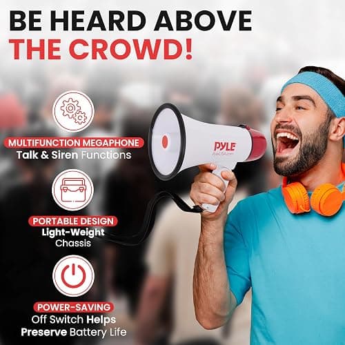 Pyle 20W Megaphone Bullhorn - 5.4'' x 8.6'' Portable Megaphone, Projection Range 1000 Sq. Yards, Voice Talking & Siren Alert, Shoulder Strap, Battery Operated, (White) thumbnail 2