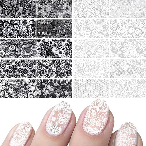 DC,CLISENCE 20 Sheets Lace Nail Foil, Lace Foil for Nails, Laces Nail Stickers, Transfer Nail Art for DIY Nails Women (Black+White) - Image 1