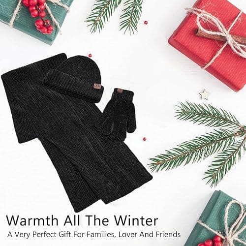Womens Winter Knit Warm Hat Beanie Long Scarf Touch Screen Gloves Set Skull Caps Neck Scarves for Women thumbnail 7