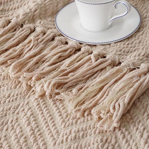 BATTILO HOME Beige Throw Blanket for Couch, Knitted Beige Throw for Bed, Neutral Throw Blankets Tan Throw Blanket for Room Decor Housewarming Gifts, 50" x 60" thumbnail 9