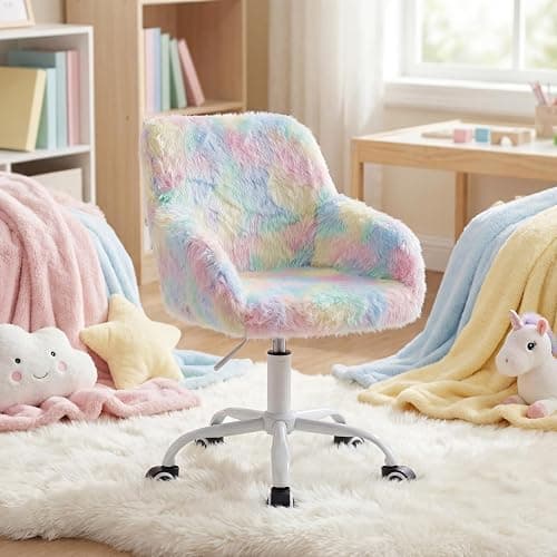 LukeAlon Kids Adjustable Desk Chair, Furry Study Chair with Swivel Base Cute Faux Fur Reading Chair Comfy Upholstered Computer Chair with Arms for Girls Children, Light Colorful thumbnail 3