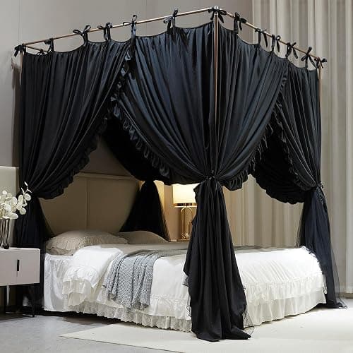 AIOOO 4 Corners Post Princess Curtain Bed Canopy Double Layer Cozy Mosquito Net Mesh and Cloth for Girls Adults Bedroom Decoration (Double-Black/Black, 64" W*82" L*82"*H/(Queen)) thumbnail 3