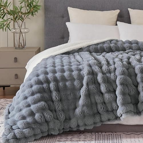 Serenhom 50x60 Inches Ultra-Soft Fuzzy Faux Fur Plush Throw Blanket - Thick, Warm Sherpa for Couch, Sofa, Bedroom, Camping - Decorative Blanket for Cozy Warmth, Bubble Grey thumbnail 3