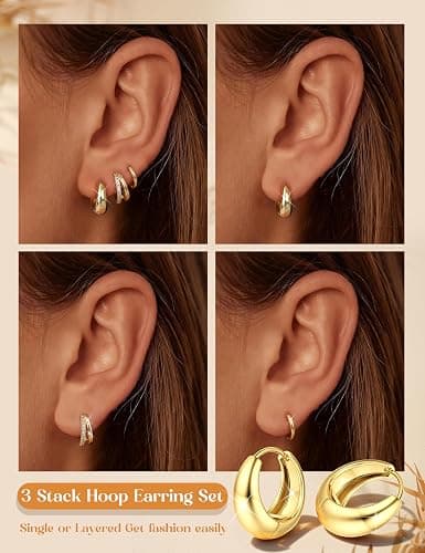 MILACOLATO 3 Pairs Small 14K Gold Plated Hoop Earrings for Women Trendy Hypoallergenic Silver Earring Stacks Huggie Hoops Earring Sets for Multiple Piercing Chunky Double Hoop Jewelry Lightweight thumbnail 4