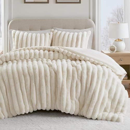 Madison Park Jasmine Luxurious Plush Queen Comforter Set, 3 Piece, Ivory | Soft Faux Fur Ribbed Velvet Bedding Set Full Size for Winter, Reversible, Warm Fuzzy Thick, with Matching Shams - Image 1