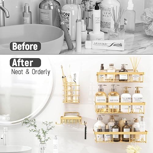 Liuoud 5 Pack Shower Caddy Organizer Rack Shelf for Inside Shower, Self Adhesive Wall Storage Basket Rustproof Stainless Steel Shampoo Holder Bathroom Accessory Decor Set, Gold thumbnail 6