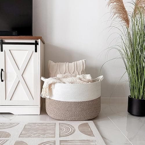 INDRESSME XXXLarge Cotton Rope Basket 21.7" x 21.7" x 13.8" Woven Baby Laundry Blanket Baskets Toy Burr Basket with Handle Storage Comforter Cushions for Christmas Thread Laundry Hamper thumbnail 6