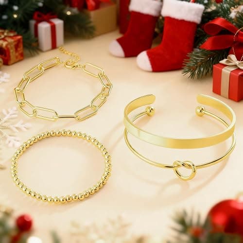 Reoxvo Christmas Stocking Stuffers Gifts for Women-Gold Plated Bangle Cuff Bracelets for Women Non Tarnish Gold Bracelet Stack Jewelry Set for Women Trendy thumbnail 4