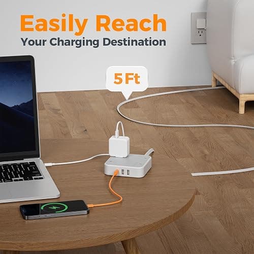 TESSAN Surge Protector Flat Extension Cord 5Ft, Flat Plug Power Strip with 4 Outlets 3 USB Ports (1 USB C), 900 Joules Protection, Multiple Wall Outlet Extender Suitable for Home Office Dorm, Grey thumbnail 5