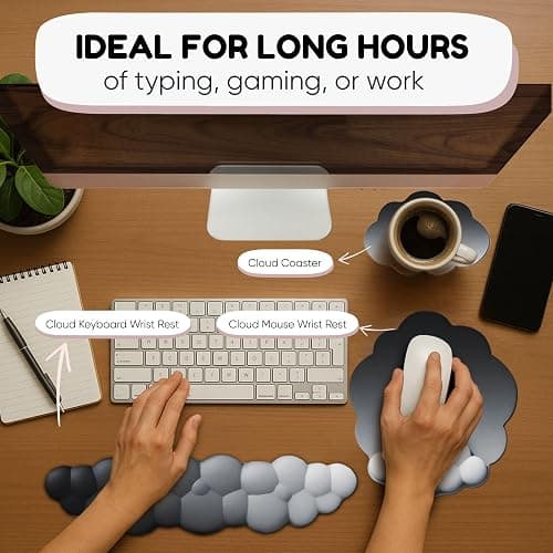 THONIV - Cloud Wrist Rest for Keyboard and Mouse, Soft Memory Foam Support with Non-Slip Base, Cute Cloud Design for Typing, Gaming, Office, Bonus Coaster Included for Desk Aesthetic (Black Gradient) thumbnail 5