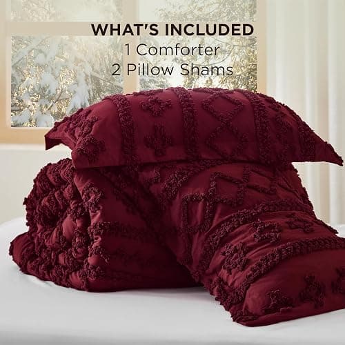 Bedsure Tufted Boho Comforter Set Queen Size - Burgundy Boho Bed Set, GentleSoft™ 3 Pieces Farmhouse Shabby Chic Embroidery Bedding, Gifts for Woman, Soft Jacquard Queen Comforter for All Seasons thumbnail 7