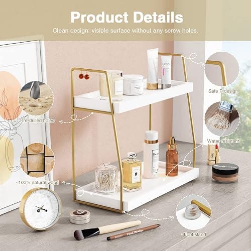 Forbena Bathroom Organizer Countertop, Counter Organizer for Bathroom Decor, Wooden Sink Shelf for Vanity Storage, Makeup Tray for Perfume Skincare Bedroom Kitchen Corner (2 Tier, White and Gold) thumbnail 7