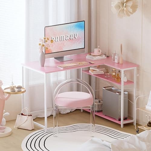 Pamray 43 Inch L Shaped Computer Desk with Reversible Side Storage Shelves, Small Corner Desk for Small Space Home Office,Writing Study Table PC Desk for Bedroom,Pink with White Leg thumbnail 2