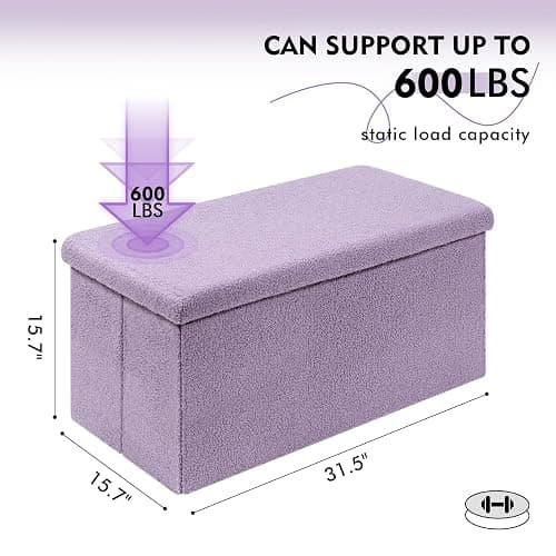 PINPLUS Folding Storage Ottoman Bench, Sherpa Ottoman with Storage, Large Long Shoes Bench Chest with Lid, Footrest for Living Room, Entryway, Purple, 31.5'' x 15.7'' x 15.7'' thumbnail 3