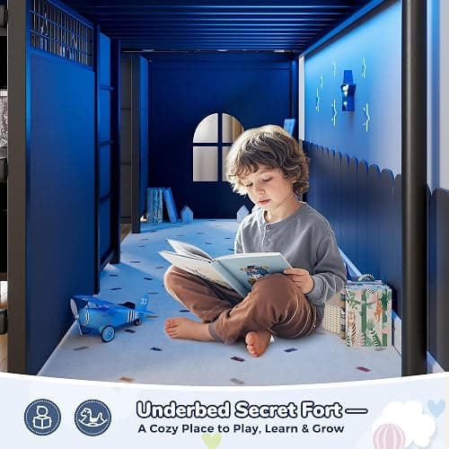 Low Loft Bed Twin Size with 7 Storage Drawers, Desk and LED Lights, Heavy Duty Metal Kids Loft Bed with 13.8" H Safety Guardrail, Anti-Collision Pad, Private Play Curtain, Under-Bed Play Space - Black thumbnail 4