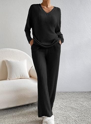 SHEWIN Women's Pajama Sets Long Sleeve Short Sleeve 2 Piece Lounge Sets Ribbed Knit Sweater Sleepwear thumbnail 3