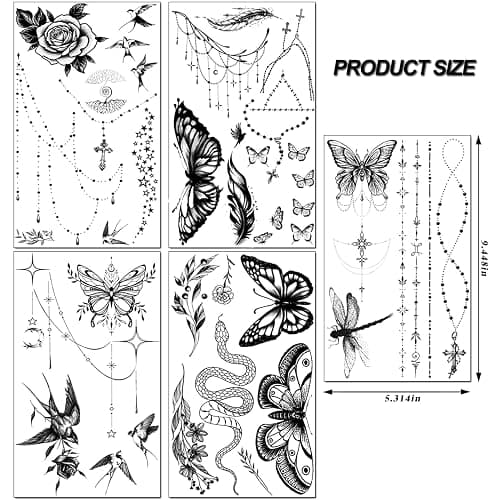 Casciybo 200+PCS Temporary Tattoos for Women, Waterproof Black Realistic Rose Hummingbird Necklace Tattoos Sketch Fake Tattoo for Women Body Art Arm Neck Hands Chest Neck Collarbone Spine Back thumbnail 6