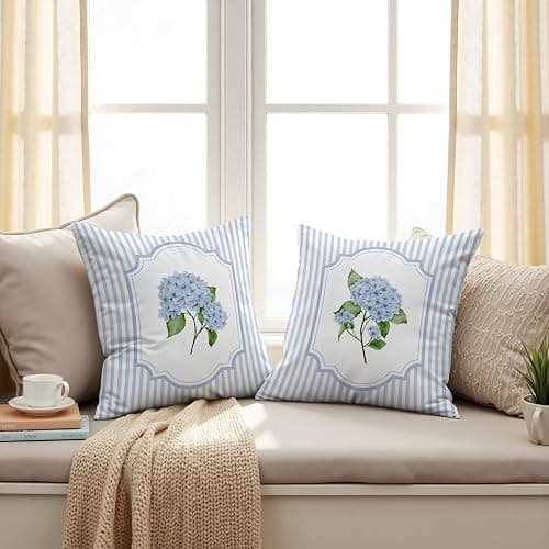 ZNGFON Vintage Blue and White Striped Hydrangea Floral Pillow Covers 18x18 Set of 2, Floral Room Decor, Rustic Blue and White Striped Botanical Flower Pillow Covers Decor thumbnail 3