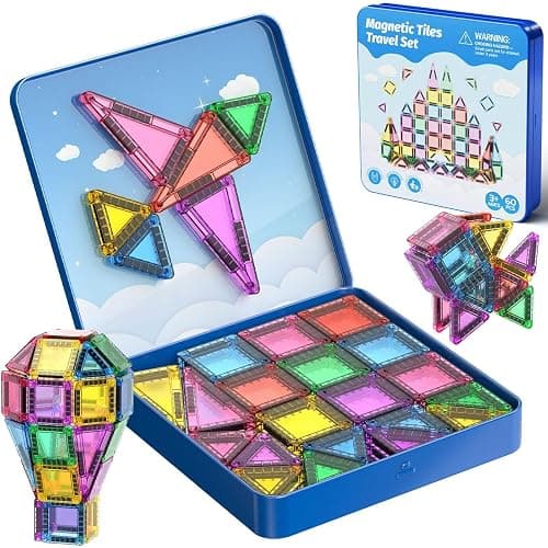 JSDKFJSA 60-Piece Mini Magnetic Tiles Set with Iron Box - Ideal Travel Puzzle Toys for Toddlers Aged 3-5, Montessori STEM Building Blocks, Educational Birthday Gift - Image 1