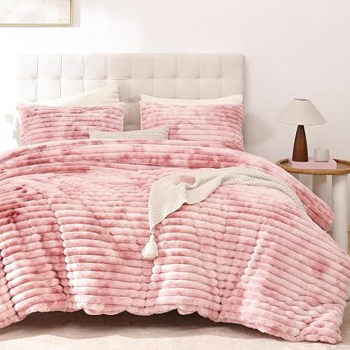 Smoofy Fluffy Full Size Comforter Sets 3 Pieces - Tie-dye Pink Fleece Fluffy Comforter Set, Luxury Fuzzy Full Bed Set, Soft Comforter Full Size All Season, Heavy Faux Fur Comforter with 2 Pillow Case - Image 1