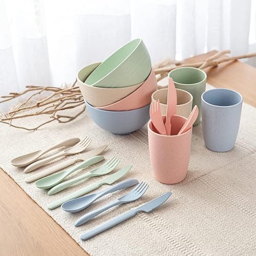 FOODLE Wheat Straw Dinnerware Set - BPA Free & Safety Tested - Dishwasher & Microwave Safe - Toddler & Kids Plates and Bowls Sets - Plastic Plates Reusable - Perfect for RV, Camping Dishes - For 4 thumbnail 2