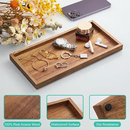 ALELION 11.7" Bathroom Vanity Tray for Counter - Acacia Wood Decorative Tray for Toilet Tank Makeup Perfume Jewelry Catchall Coffee Table - Wooden Kitchen Countertop Organizer for Soap Dispenser thumbnail 6