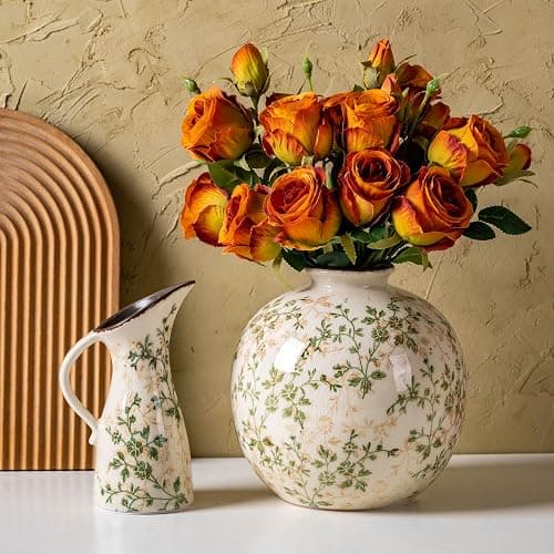 SURE YUESI Set of 2 Vases, Green and Beige Pastoral Vintage Vase Set for Flowers, Rustic Farmhouse Decorative Vases for Home Decor, Chinoiserie Floral Vase, Living Room Table Centerpiece - Image 1