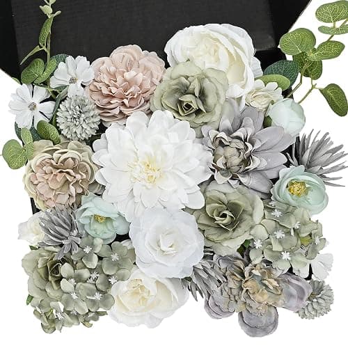 YZXZM Artificial Flowers Combo Box, Fake Silk Foam Flower Mix with Wire Stem, DIY Wedding Bridal Bouquet Shower Party Home Décor (30-40 Pieces) (Dusty Green) - Image 1