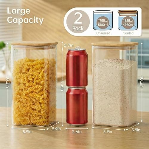 Extra Large Square Glass Flour & Sugar Storage Containers with Airtight Lids, 168oz 2 Pack Glass Jars with Bamboo Lids, Air tight Pantry Food Storage Containers for Cereal, Pasta, Rice Organizers thumbnail 3